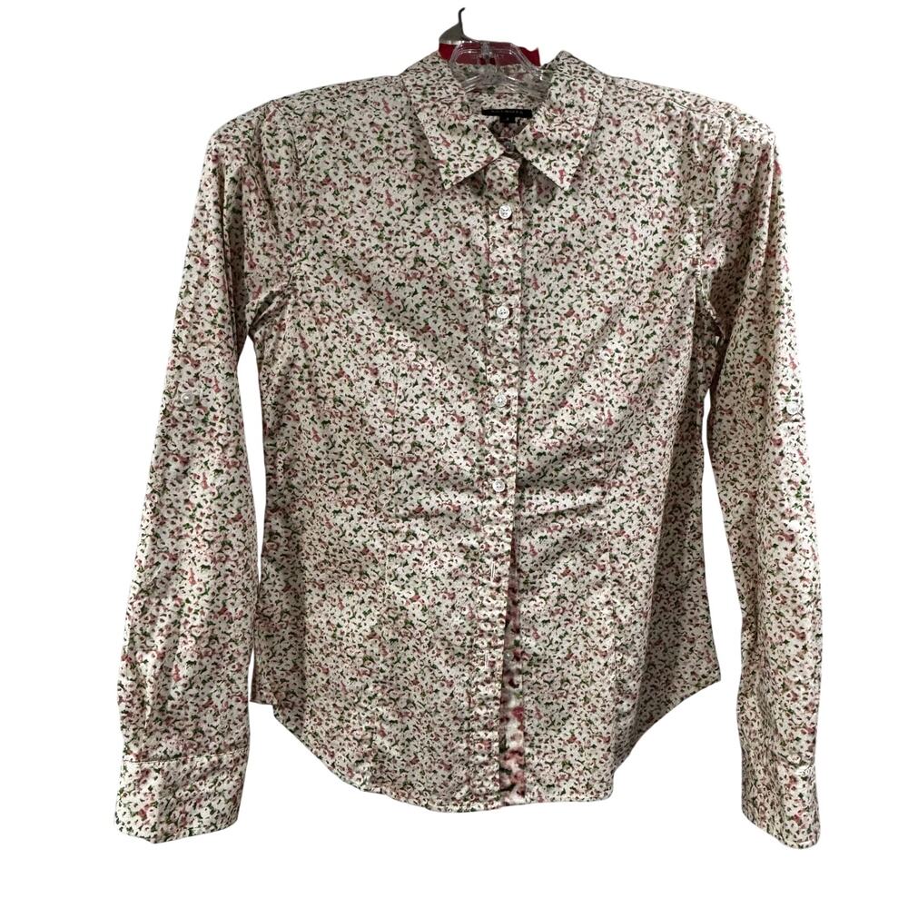 Talbots floral blouse cottage core cotton stretch beige pink green preppy sz 2